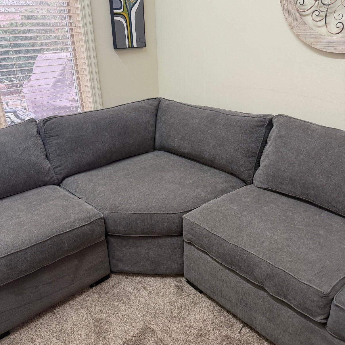 Macy’s Radley Gray 5 - Piece Sectional with Storage Ottoman - Modern Living For Less Furniture