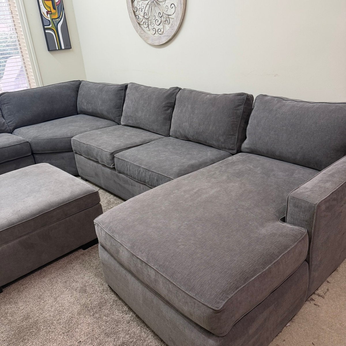 Macy’s Radley Gray 5 - Piece Sectional with Storage Ottoman - Modern Living For Less Furniture