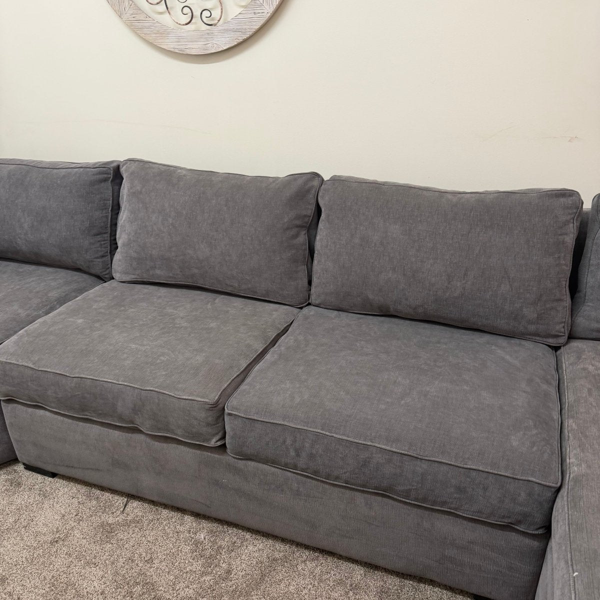 Macy’s Radley Gray 5 - Piece Sectional with Storage Ottoman - Modern Living For Less Furniture