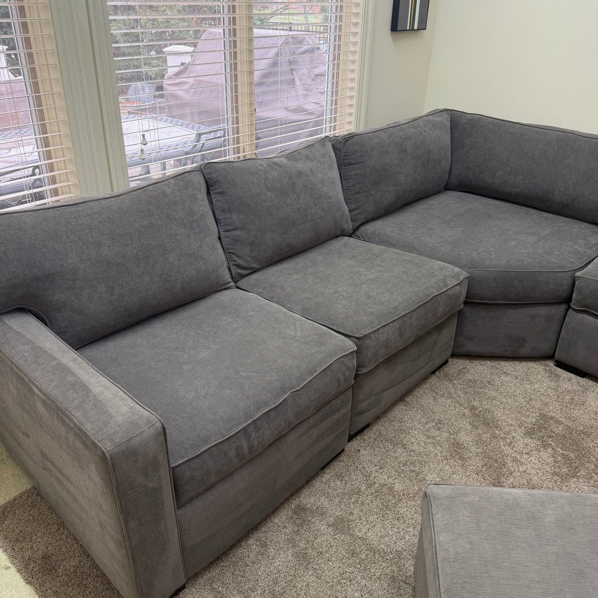 Macy’s Radley Gray 5 - Piece Sectional with Storage Ottoman - Modern Living For Less Furniture